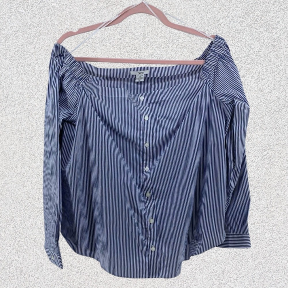Bar III Off Shoulder Blouse Women XL Blue White Stripe Bell Sleeve Top Coastal